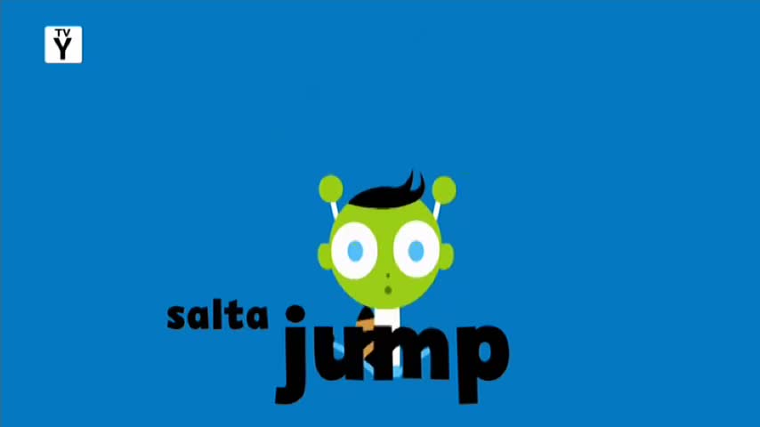 A green, cartoon character with large eyes and antennae is centered against a bright blue background. The word "jump" in bold, black letters appears below.
