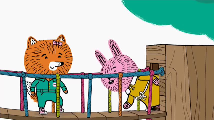 A fox and a pink bunny stand on a wooden bridge, while a yellow figure is climbing into a wooden structure. The scene looks like it's from a show on 10 Bold in Australia.
