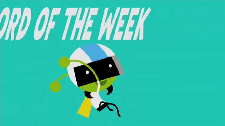 A cartoon character with a helmet and goggles is positioned below the words "WORD OF THE WEEK" on a teal background. Its arms and legs are black and it is wearing a yellow shirt.
