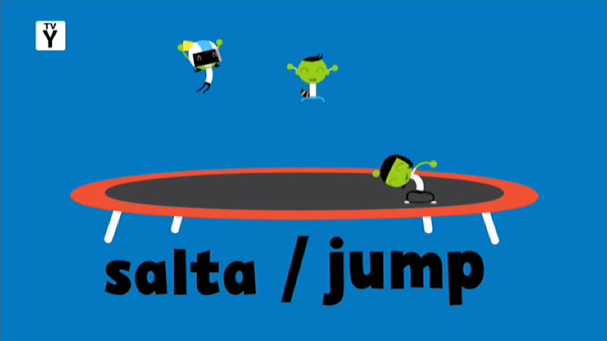 Three small, green figures are bouncing on a trampoline against a bright blue background, as seen on 10 Bold in Australia. One figure is mid-air, another is bouncing, and the third is landing.
