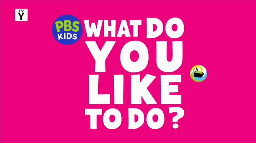 Bright white text on a vibrant pink background asks, "WHAT DO YOU LIKE TO DO?" A PBS Kids logo and a small icon are in the frame.
