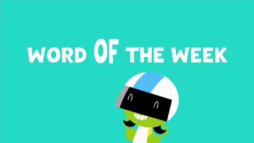 The words "WORD OF THE WEEK" are displayed in large, white letters against a teal background. A cartoon character with a helmet and a black visor is smiling beneath the text.
