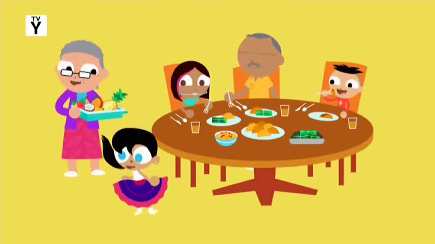 A woman in a purple sweater carries a tray of fruit, while a girl in a twirling dress dances nearby. The family is gathered around a table, ready to eat, as seen on 10 Bold in Australia.
