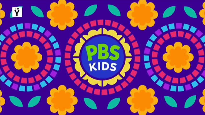 Bright, stylized flowers and geometric patterns fill the screen against a deep purple backdrop. The PBS Kids logo, centered within a floral design, is the focal point.
