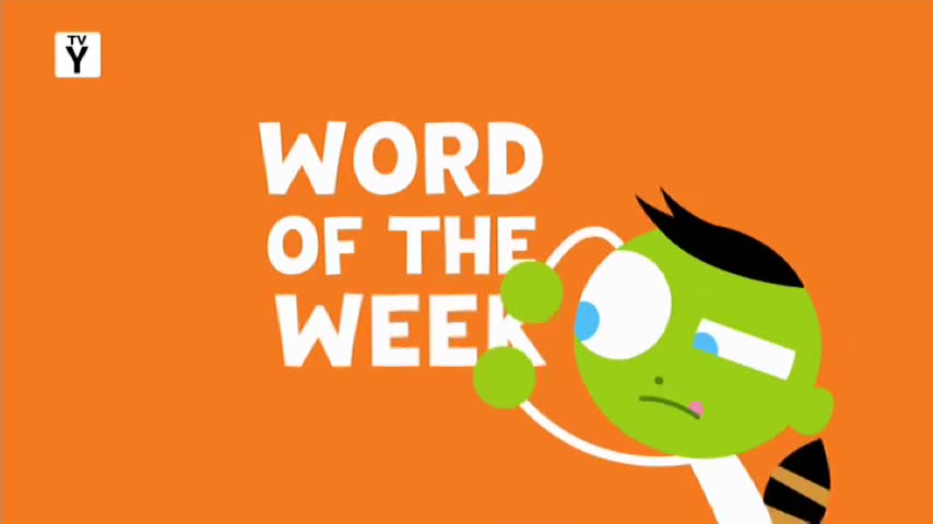 An orange background displays the words "WORD OF THE WEEK" in bold white letters. A green cartoon character with a worried expression and a striped tail is visible on the right, probably from a 10 Bold kids show in Australia.
