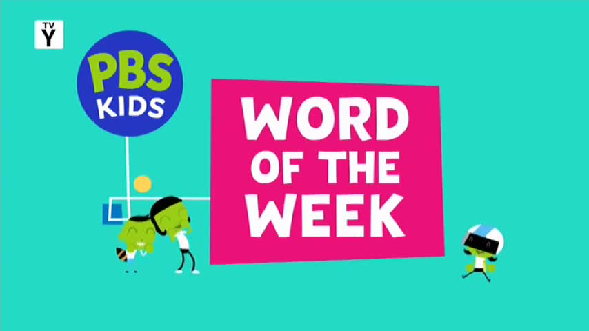 A bright pink rectangle displays "WORD OF THE WEEK" in bold white letters. Three cartoon characters, one wearing a VR headset, are scattered across the teal background.
