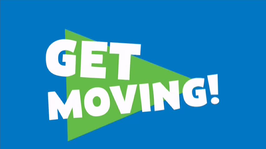 "GET MOVING!" jumps out at me in big, white letters, set against a bright green triangle, all against a blue background. It looks like something you'd see on 10 Bold, maybe even in Australia.
