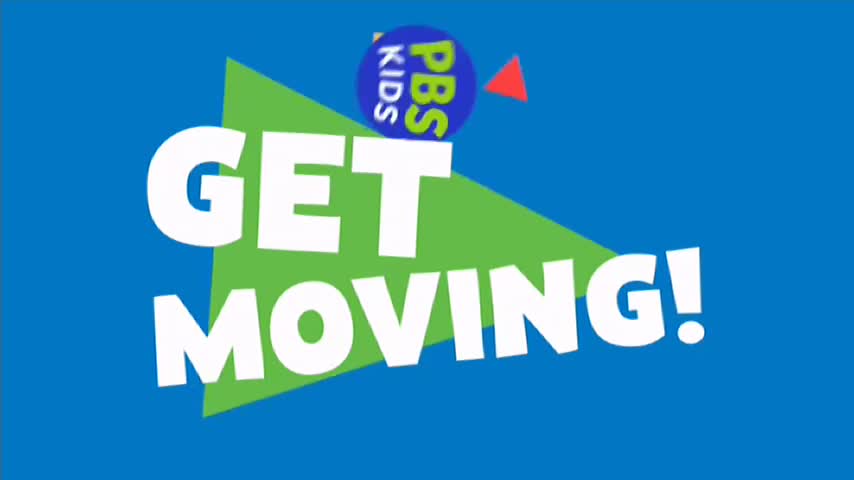 Large white letters spell out "GET MOVING!" over a bright green triangle, with a blue background. A PBS Kids logo and a red triangle sit above the text.
