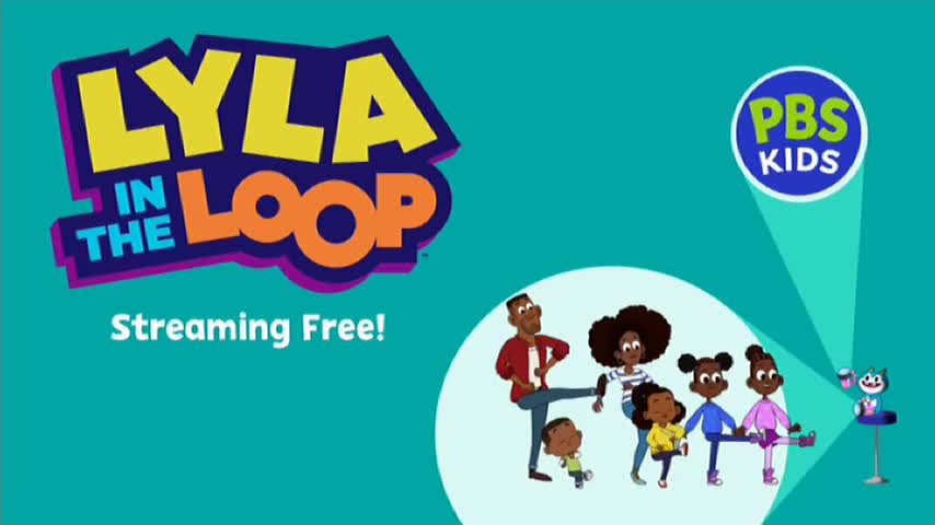 On the left, a vibrant logo for "Lyla in the Loop" sits above a group of animated characters. The PBS Kids logo is spotlighted on the right, suggesting content available for free streaming.
