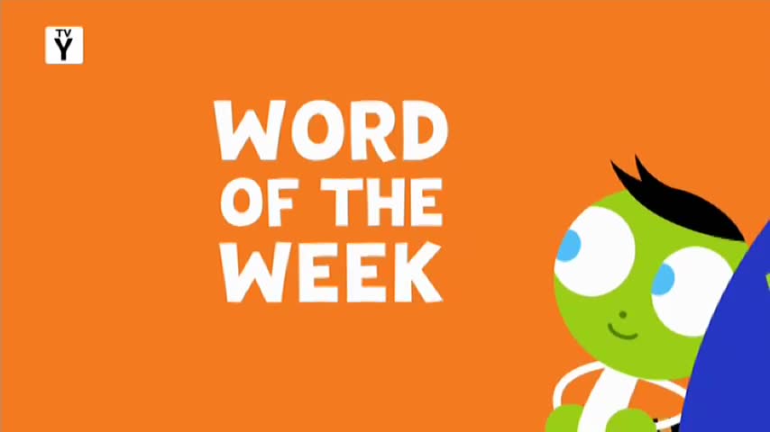 Against a bright orange backdrop, the words "WORD OF THE WEEK" stand out in bold white letters. A green cartoon character peeks in from the right, likely from a show on 10 Bold in Australia.
