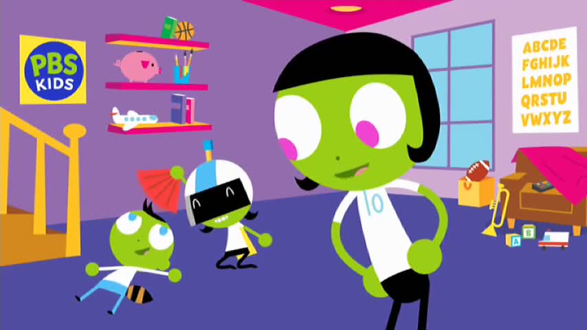 A green character in a number 10 jersey stands with their hands on their hips, watching two other green figures play. One is on the floor, while the other is holding a red fan, looking excited.
