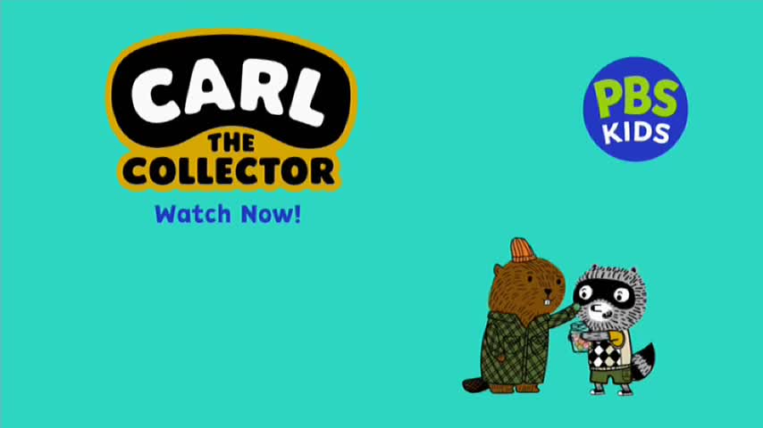 A beaver and a raccoon stand side-by-side, the beaver pointing at the raccoon's drink. Above them, the PBS Kids logo and "Carl the Collector" branding are displayed.

