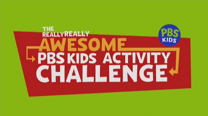 A red banner with white text announces "The Really Really Awesome PBS Kids Activity Challenge" against a bright green backdrop. The PBS Kids logo sits in a blue circle at the top right, while the rest of the text is in bold, eye-catching colours.
