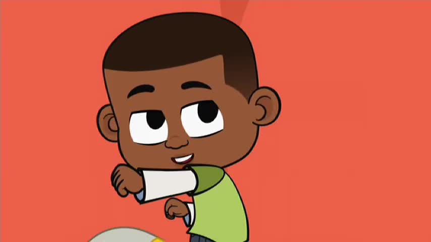The cartoon boy, wearing a green shirt, is mid-action, his fist raised. He's got a mischievous look on his face against a solid orange background, likely from a show on 10 Bold in Australia.
