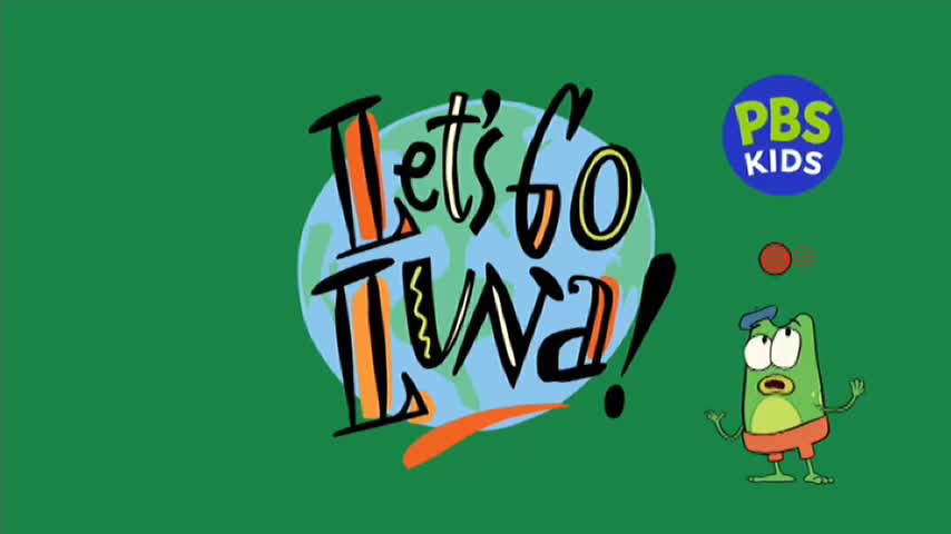 The title card for "Let's Go Luna!" is front and center, with a green background. A cartoon frog looks up at a red ball, looking surprised, with the PBS Kids logo in the corner.
