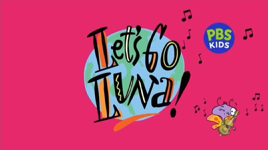 A cartoon butterfly strums a tiny instrument to the right of the screen, while musical notes float around. The words "Let's Go Luna!" are boldly displayed against a pink background, with a PBS Kids logo nearby.
