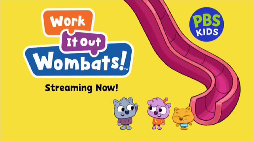 Three cartoon wombats stand on a yellow background, with a purple slide curving down from the top right. The title "Work It Out Wombats!" is displayed, with "Streaming Now!" underneath, likely on 10 Bold in Australia.
