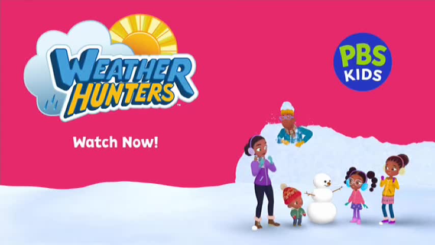 A group of children and a woman stand in the snow, gathered around a snowman. The "Weather Hunters" logo and the PBS Kids logo are visible, likely promoting a show on 10 Bold in Australia.
