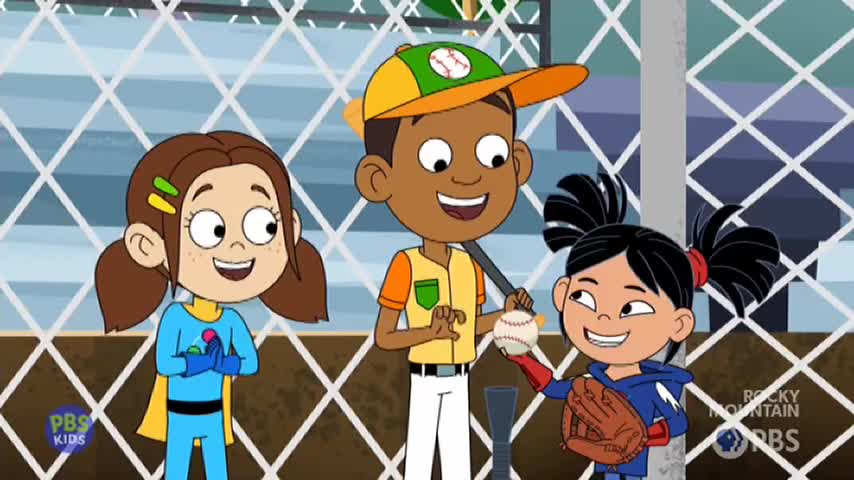 A girl in a baseball glove holds a ball, offering it to the boy with a bat. The other girl, dressed as a superhero, smiles at them both.
A girl in a baseball glove holds a ball, offering it to the boy with a bat. The other girl, dressed as a superhero, smiles at them both.