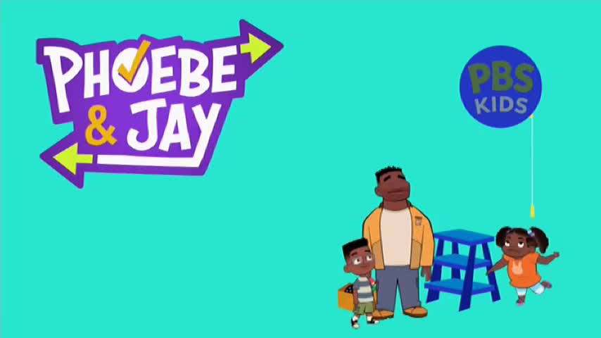 The "Phoebe & Jay" logo points left and right, ready for the show to start. A family stands near a blue step stool, looking up at a PBS Kids balloon.