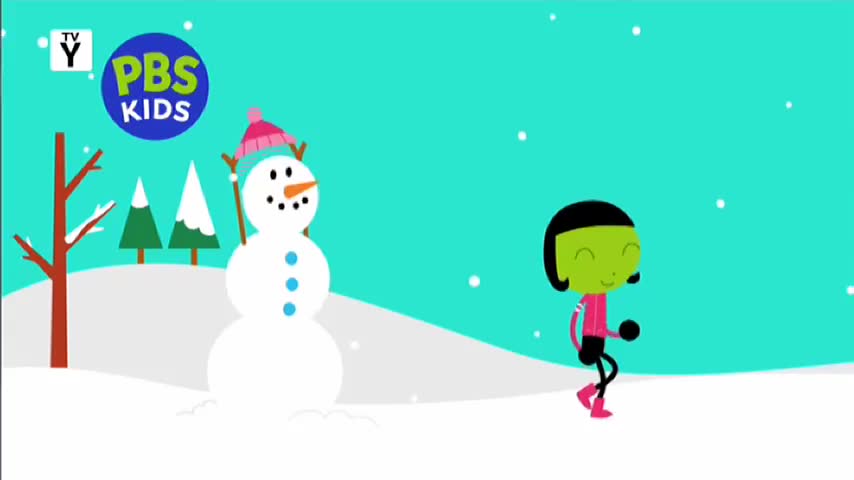 A girl in a pink jacket and boots walks through the snow past a snowman. The PBS KIDS logo hovers in the corner, like a sign you'd see on 10 Bold.