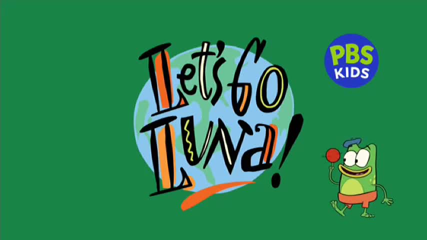 A cartoon frog with a red ball stands to the right of a globe with "Let's Go Luna!" written across it. The PBS Kids logo is visible in the upper right corner.