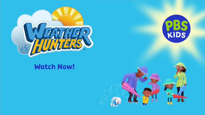 A family is playing outside with a small dog, holding colourful umbrellas. The sun shines brightly overhead.