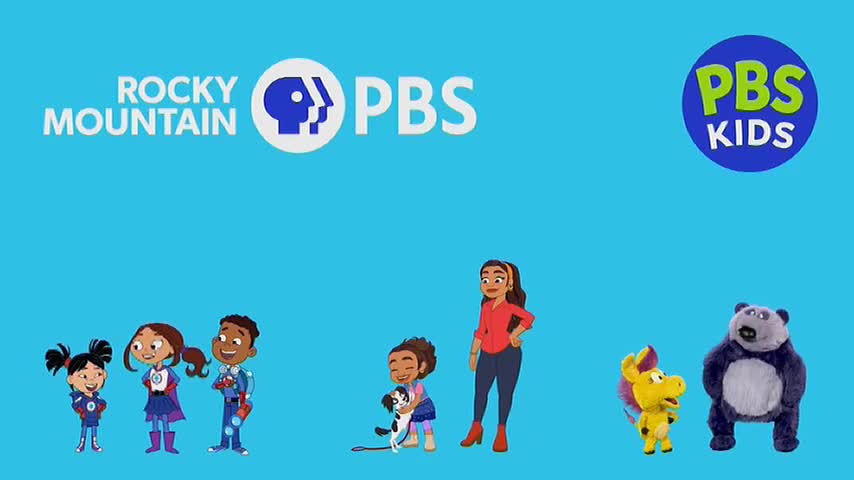 A group of animated kids, dressed as superheroes, stand together. A woman in a red shirt and blue pants is beside a girl hugging a dog. A yellow creature and a large grey bear stand to the right.