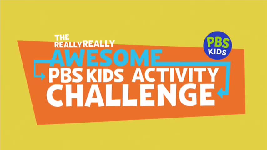 The words "THE REALLY REALLY AWESOME PBS KIDS ACTIVITY CHALLENGE" are displayed in bold white letters against an orange background. A blue arrow loops around the text, pointing to a small circular PBS Kids logo in the upper right corner. The words "THE REALLY REALLY AWESOME PBS KIDS ACTIVITY CHALLENGE" are displayed in bold white letters against an orange background. A blue arrow loops around the text, pointing to a small circular PBS Kids logo in the upper right corner.