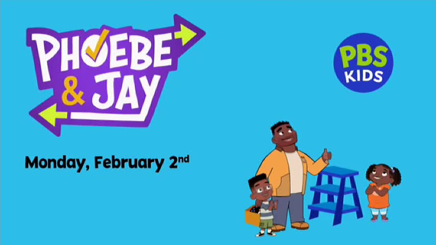 The "Phoebe & Jay" logo, with its purple and yellow arrows, is displayed prominently. A father and his two children stand near a blue step stool, looking up.