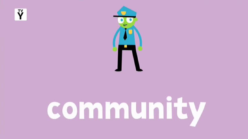 A cartoon police officer stands tall on a pale purple background. Below him, the word "community" is spelled out in large white letters.