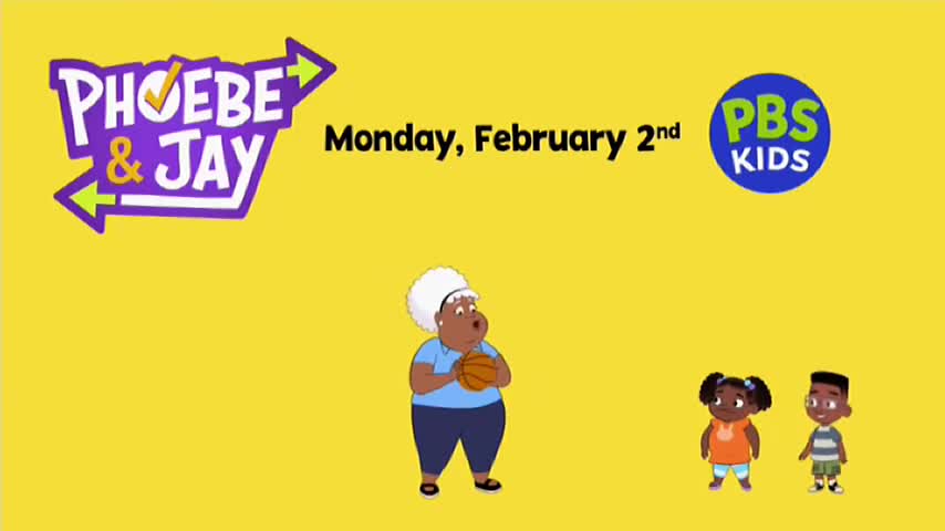 A woman with a basketball stands center, while two children, a girl in an orange shirt and a boy in a striped shirt, are to her right. The "Phoebe & Jay" logo and "Monday, February 2nd" are displayed above.