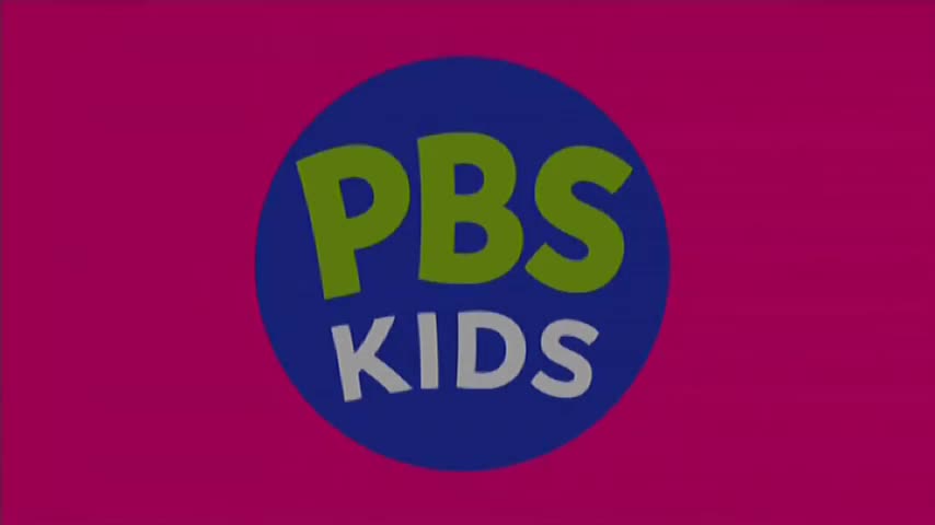 The PBS Kids logo spins into view against a bright pink background. The blue circle with green "PBS" and white "KIDS" letters is now centered.