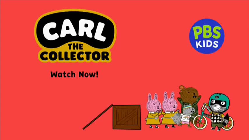 A group of cartoon animals, including three rabbits, a bear, and a raccoon on a bike, stand near an open wooden crate. The PBS Kids logo and the title "CARL THE COLLECTOR" are displayed prominently.