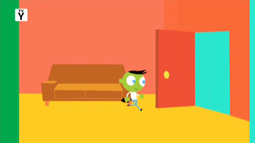 A green-headed boy in a white shirt and blue jeans runs towards an open red door. He's moving past a brown couch in a room with bright orange and yellow walls.