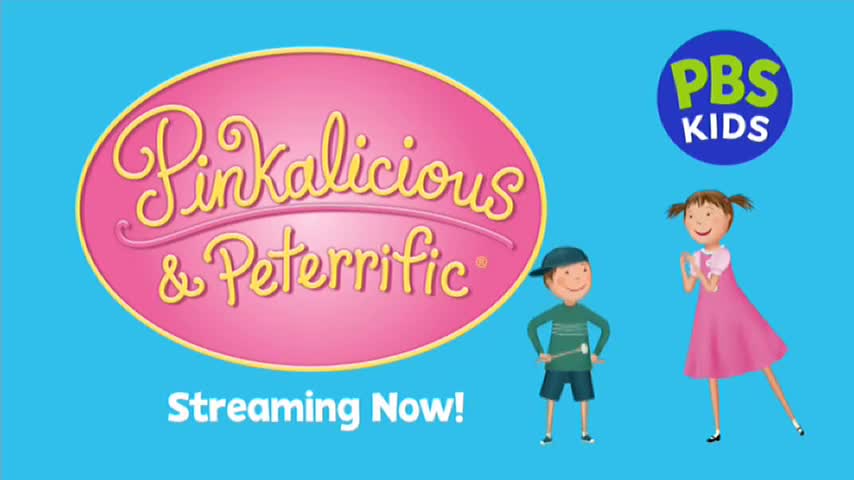 A boy in a green shirt and blue shorts, holding drumsticks, stands next to a girl in a pink dress. The "Pinkalicious & Peterrific" logo is prominently displayed, with "Streaming Now!" underneath.