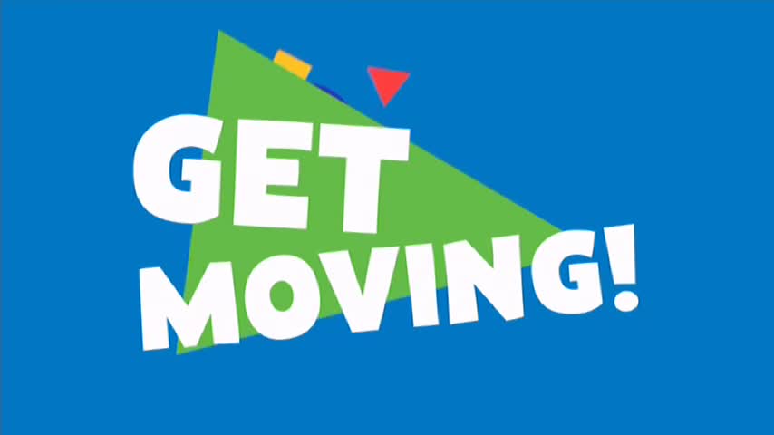 A large green triangle with sharp edges cuts across the blue background. Bold white letters spell out "GET MOVING!" over the triangle.