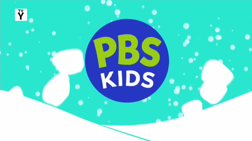 The PBS Kids logo floats in the center of a bright teal background. Tiny white circles, like snowflakes, drift down around it.