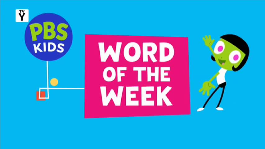 A bright green character with big pink eyes waves enthusiastically next to a magenta sign that reads "WORD OF THE WEEK." The PBS KIDS logo hovers above a small orange square and yellow circle.