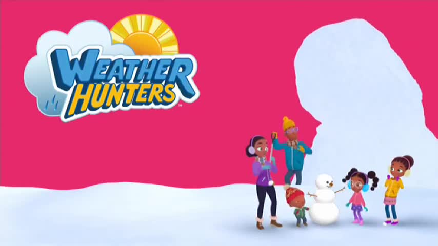 A group of kids are building a snowman in the snow. The "Weather Hunters" logo is displayed prominently.
