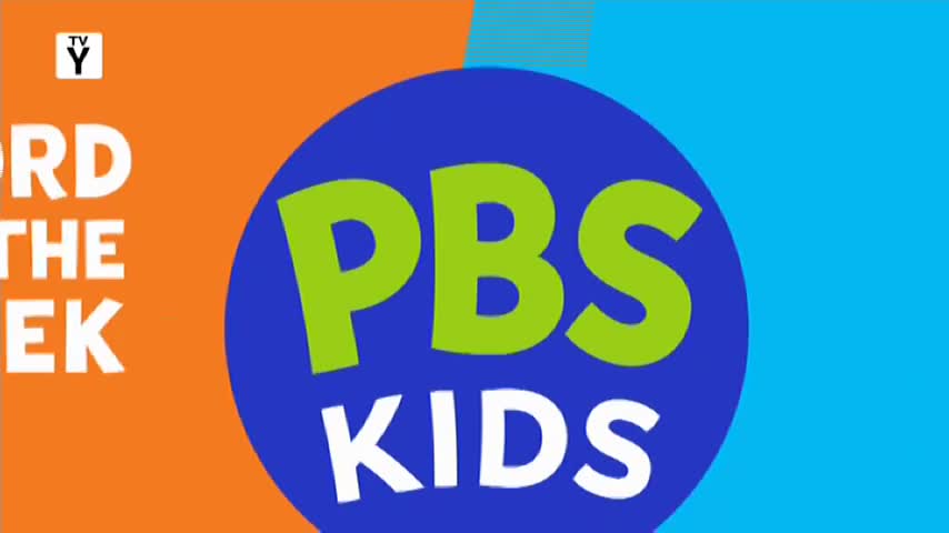 The bright orange and blue background splits the screen. A blue circle with "PBS KIDS" in green and white lettering dominates the right side.