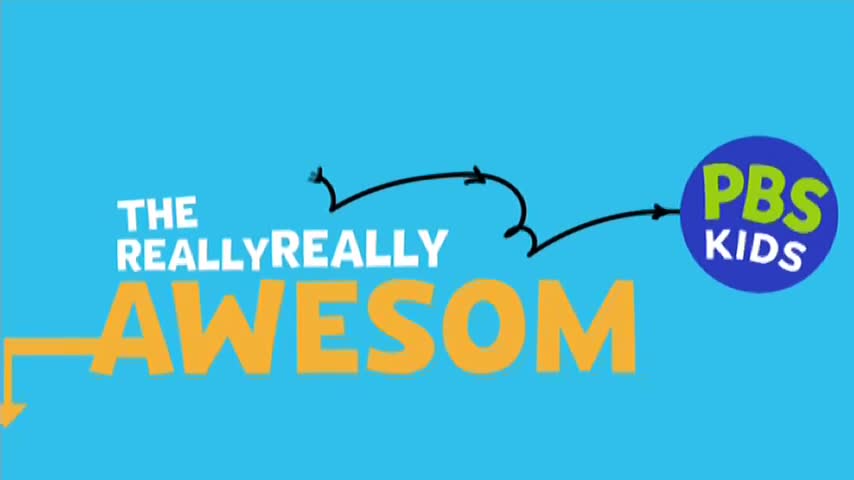 The words "THE REALLY AWESOME" are on screen, with a squiggly black line pointing towards a blue circle containing "PBS KIDS." This looks like something you'd see before a kids' show on 10 Bold.