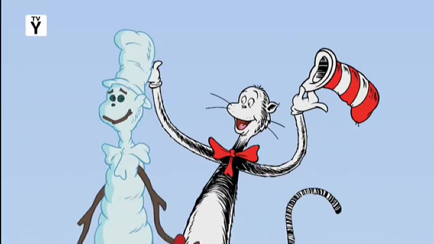 The Cat in the Hat is juggling his striped hat, while a ghostly figure stands beside him. This is part of the 10 Bold broadcast.