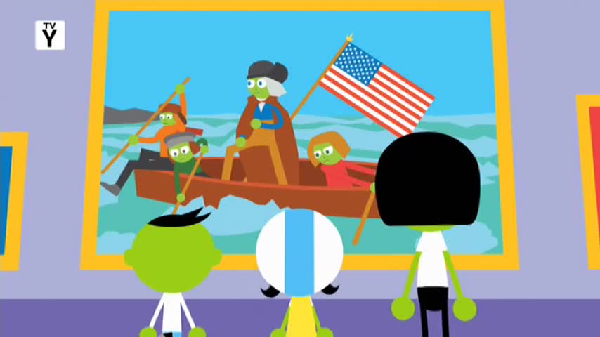 A boat with figures rowing and an American flag cuts through choppy blue water. Three kids stand watching the painting, one with a black bowl cut, another with a yellow top and blue stripes, and the third with a white shirt.