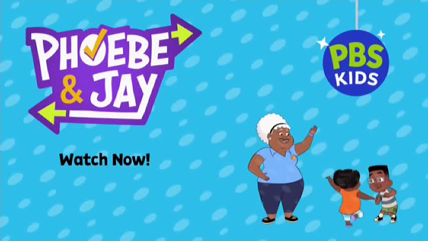 A woman with white hair and a blue shirt gestures towards two children, one in an orange shirt and the other in a striped shirt. The "Phoebe & Jay" logo is prominent, with a "Watch Now!" prompt below it.
