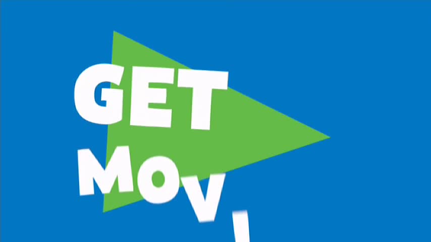 The green triangle with white letters "GET Mov" is speeding across the blue background. This looks like the intro for a show on 10 Bold.