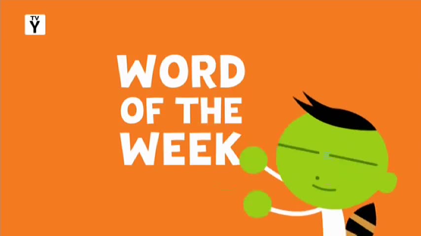 The bright orange screen displays "WORD OF THE WEEK" in bold white letters. A cheerful green character with black hair and a striped tail stands to the right, holding two green balls.