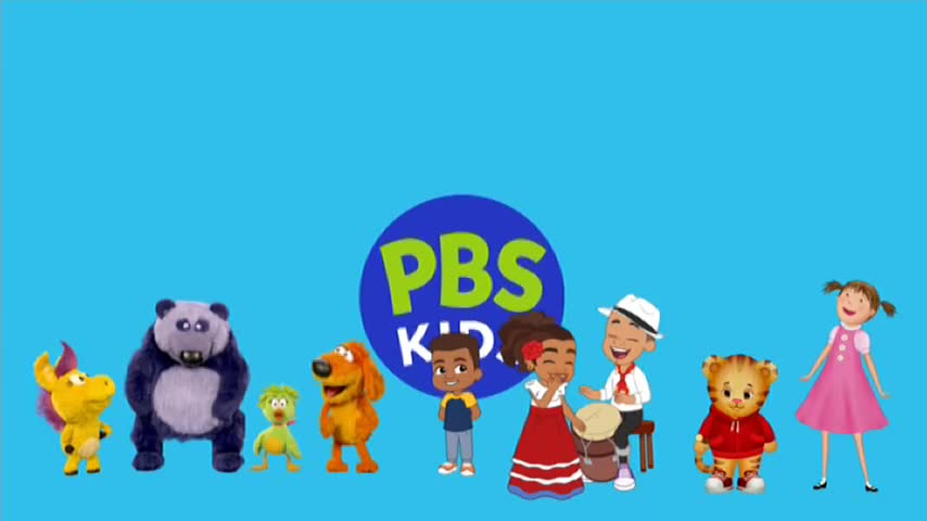 A yellow creature with a purple mane stands next to a large, grey panda. A small green bird and an orange dog are to the panda's right.