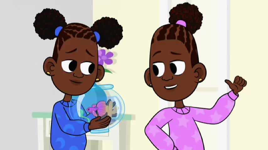 A girl in a blue jumper cradles a small fishbowl, her expression a mix of concern and wonder. Beside her, another girl in a pink jumper offers a confident thumbs-up.