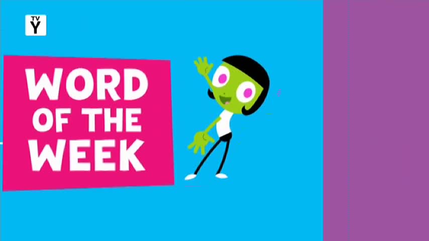 A bright pink rectangle with "WORD OF THE WEEK" in white letters sits on a vibrant blue background. To its right, a cartoon character with green skin and large pink eyes waves enthusiastically.
